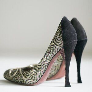 Nina Ricci High-Heel Glitter Black  Suede Pumps